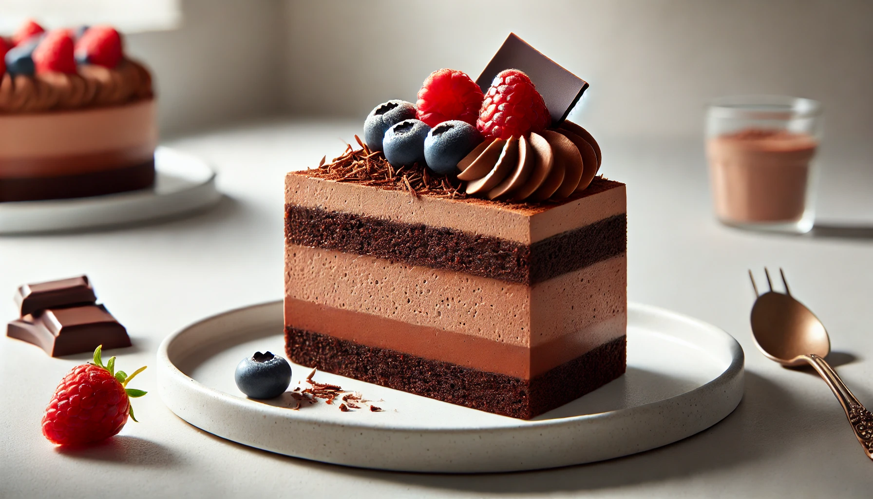 Chocolate mousse cake with rich layers of chocolate cake and creamy mousse, topped with fresh berries and chocolate shavings.