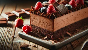 Chocolate mousse cake with rich layers of chocolate cake and creamy mousse, topped with fresh berries and chocolate shavings.