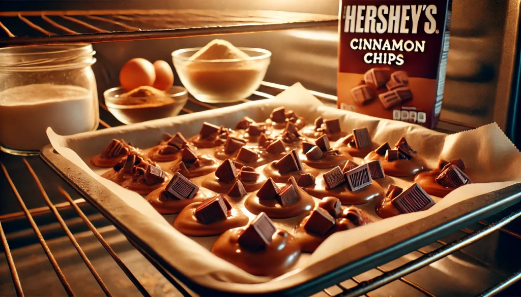 Do Hershey's Cinnamon Chips melt partially on a baking tray in an oven, showcasing their melting process