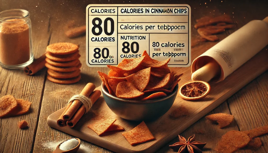 Create a vibrant, eye-catching image titled 'Calories in Cinnamon Chips.' The image should feature a close-up of cinnamon chips in a small bowl or scattered on a wooden surface. Next to the cinnamon chips, include a small nutrition label or a clear text overlay that displays the calorie information, such as '80 calories per tablespoon.' The background should be warm and inviting, with soft lighting that highlights the texture of the cinnamon chips. Additionally, incorporate elements like cinnamon sticks, a few scattered sugar crystals, and perhaps a baking ingredient like flour or a rolling pin in the background to enhance the baking theme. The overall color scheme should be earthy tones with hints of cinnamon brown and beige, creating a cozy and appealing look. The text 'Calories in Cinnamon Chips' should be bold and easy to read, placed at the top or bottom of the image.