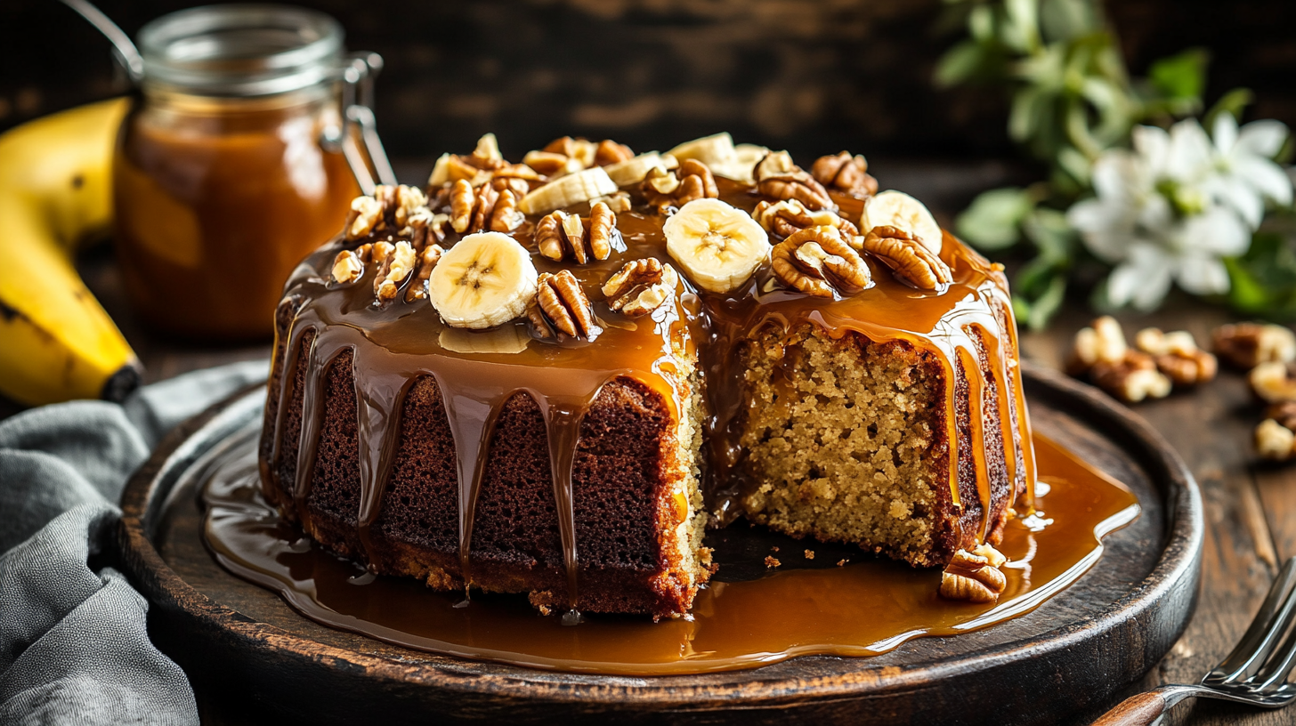 What is a banana pecan caramel layer cake?
