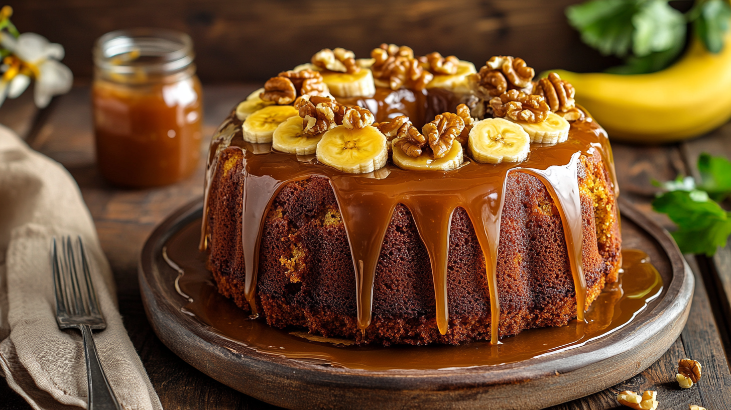 What is a banana pecan caramel layer cake?