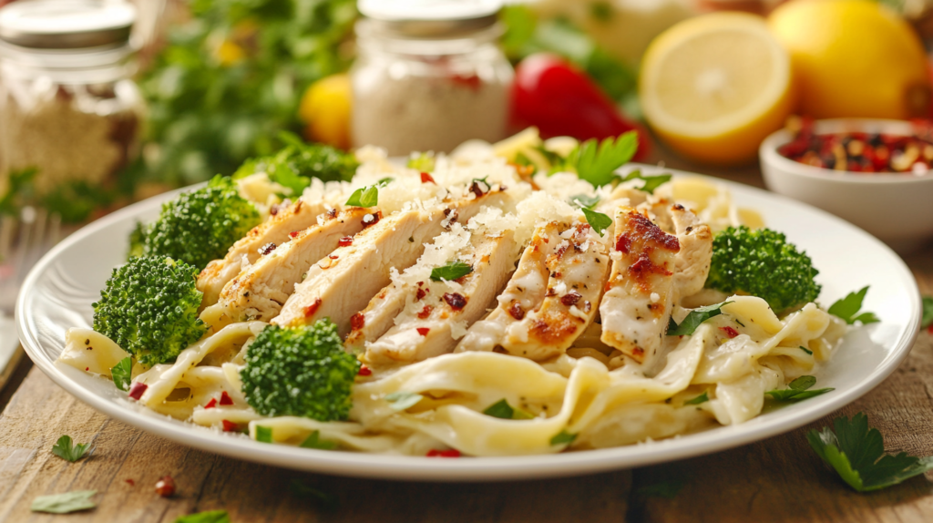 delicious plate of chicken Alfredo pasta.