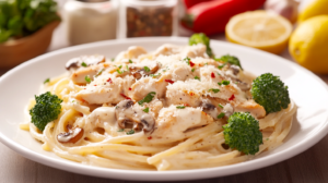  delicious plate of chicken Alfredo pasta.