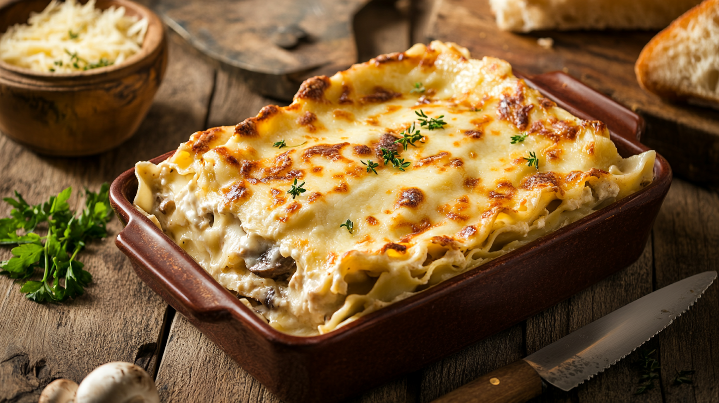 mushroom chicken alfredo lasagna