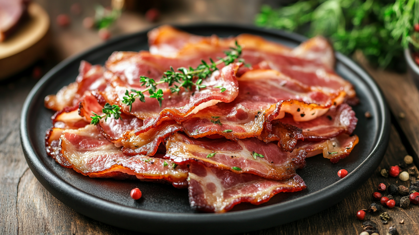 Create a 4-step collage image demonstrating an easy beef bacon recipe. Step 1: Show raw slices of beef bacon being prepared on a cutting board, with a spice mix or marinade made of smoked paprika, brown sugar, pepper, and garlic powder on the side. Step 2: Highlight the beef bacon strips being rubbed or brushed with the spice mix or marinade, ensuring they are evenly coated for maximum flavor. Step 3: Feature the seasoned beef bacon being laid out on a baking sheet, lined with parchment paper or in a skillet, ready to be cooked until crispy. Step 4: Display the cooked beef bacon, golden and crispy, being drained on paper towels to remove excess fat, ready to be served with a garnish like fresh herbs or a drizzle of maple syrup for a touch of sweetness. Label each step with numbers (1, 2, 3, 4) for easy reference, and use a rustic, warm background to enhance the appetizing look of the spiced, crispy beef bacon.