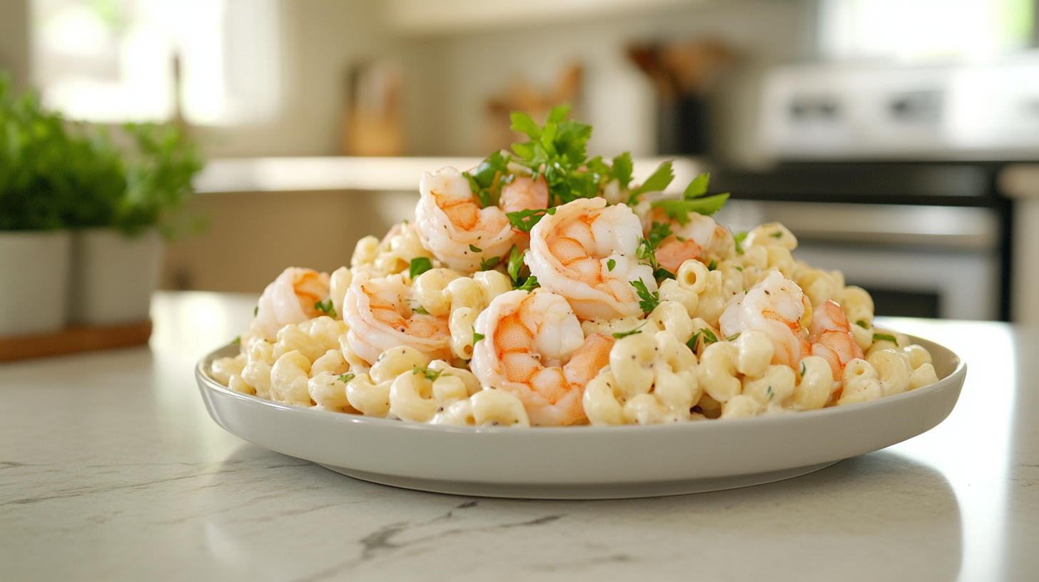 Creamy macaroni salad with shrimp