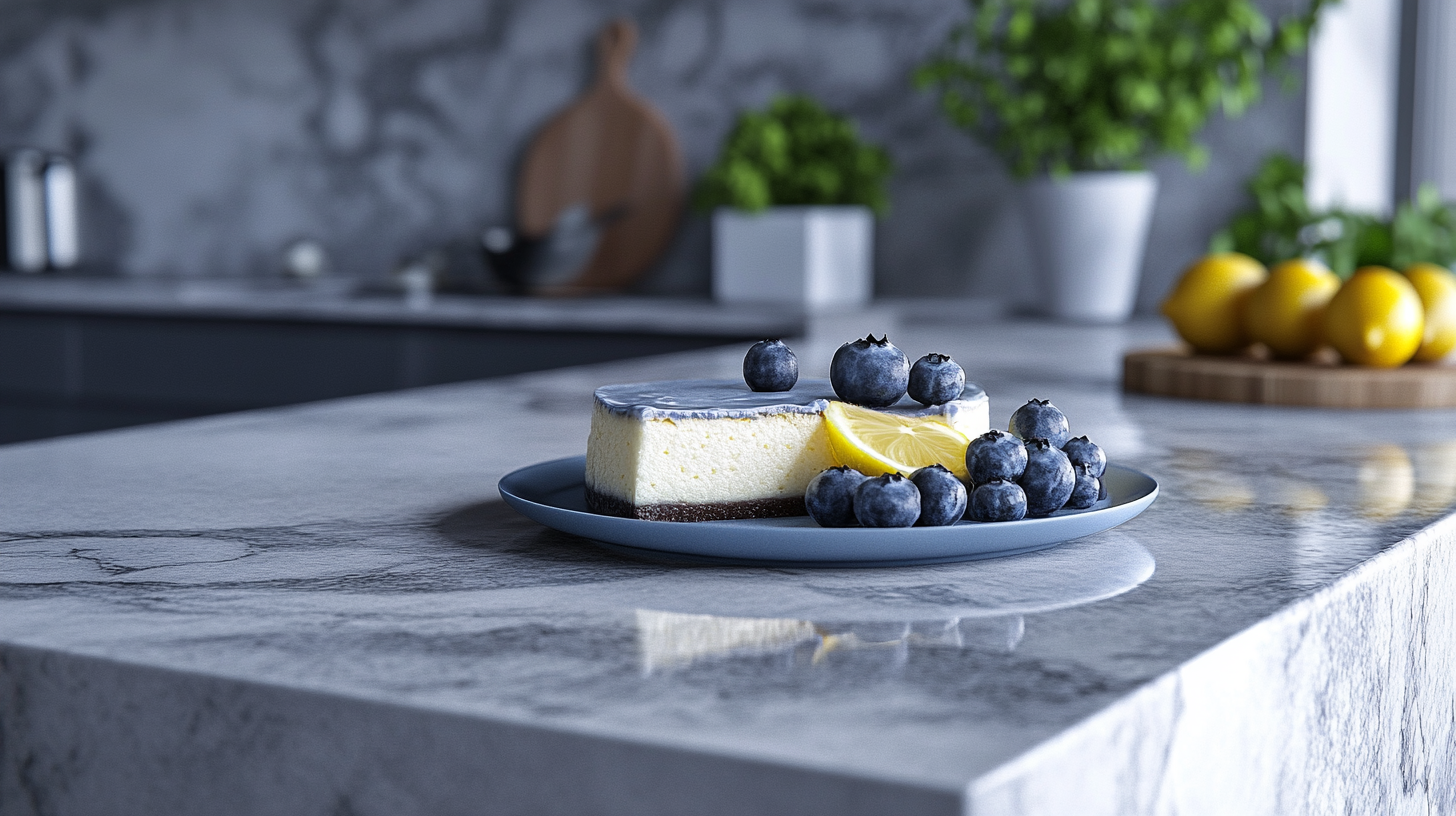 "Create a detailed 4-step collage image showing how to make a Lemon Blueberry Cheesecake. Step 1: Display the preparation of the crust—show hands mixing crushed graham crackers (or digestive biscuits) with melted butter and a bit of sugar, pressing the mixture firmly into the base of a springform pan to form an even layer. Chill the crust in the refrigerator while preparing the filling. Step 2: Highlight making the cheesecake filling—illustrate a bowl with softened cream cheese being beaten until smooth, then adding sugar, lemon juice, lemon zest, and vanilla extract. Mix in eggs one at a time until the batter is creamy and lump-free. Gently fold in fresh or frozen blueberries. Pour the filling over the prepared crust and smooth the top. Step 3: Show the cheesecake being baked in a preheated oven (around 325°F/160°C), optionally using a water bath to prevent cracks. Bake until the edges are set but the center is slightly jiggly, about 50-60 minutes. Then allow it to cool to room temperature before refrigerating for at least 4 hours (or overnight) to set completely. Step 4: Feature the final touches—once chilled, top the cheesecake with a homemade blueberry sauce (made by simmering blueberries, sugar, and lemon juice until thickened) and a dollop of whipped cream. Garnish with lemon zest for a bright, tangy finish. Show the cheesecake being sliced to reveal its creamy, rich texture with bursts of lemon and blueberries throughout. Label each step with numbers (1, 2, 3, 4) for easy understanding, and use a clean, bright kitchen background to emphasize the fresh, zesty, and berry-filled appeal of the lemon blueberry cheesecake."