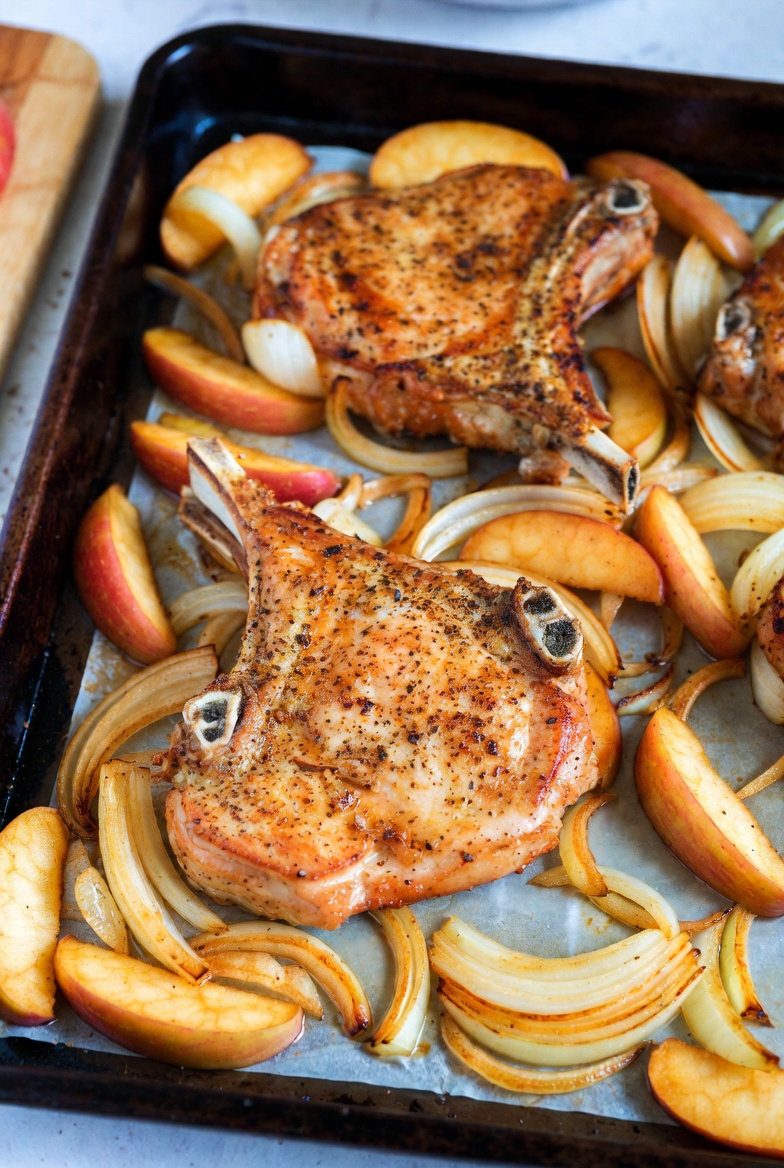 The Autumnal Standard: Sheet Pan Pork Chops with Apples and Onions